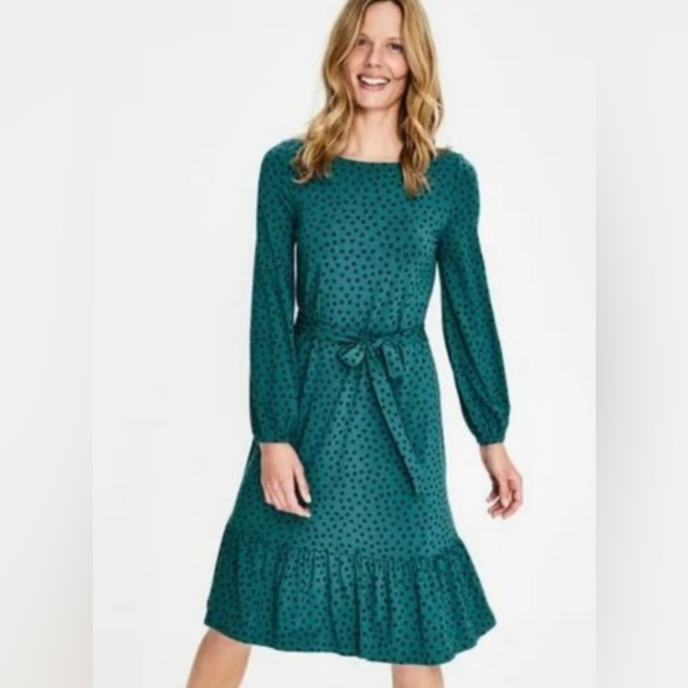 New BODEN Long Holly Jersey Knit Dress Drake Navy Spot Polka Dot Green Teal Blue